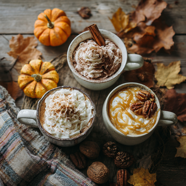 Three mugs of the Fall Into Fall Coffee Sampler 🍁—three cozy seasonal flavors—are topped with whipped cream, caramel, pecans, and cinnamon on a rustic table with mini pumpkins, nuts, dried leaves, and a plaid blanket.